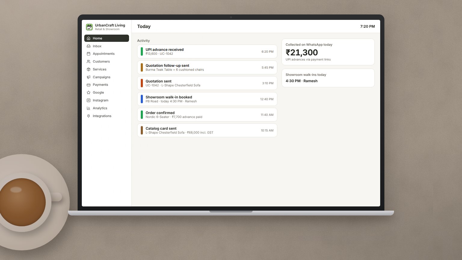 A showroom's IntelliBook dashboard over one day, from 9 am to 9:30 pm: catalog cards, an order, a walk-in booking, quotations, UPI advances, a review request and one conversation handed to the owner.